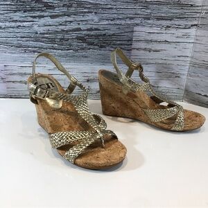 Gianni Bini Gold Wedge Cork Platform Strap Sandals Heels Size 8